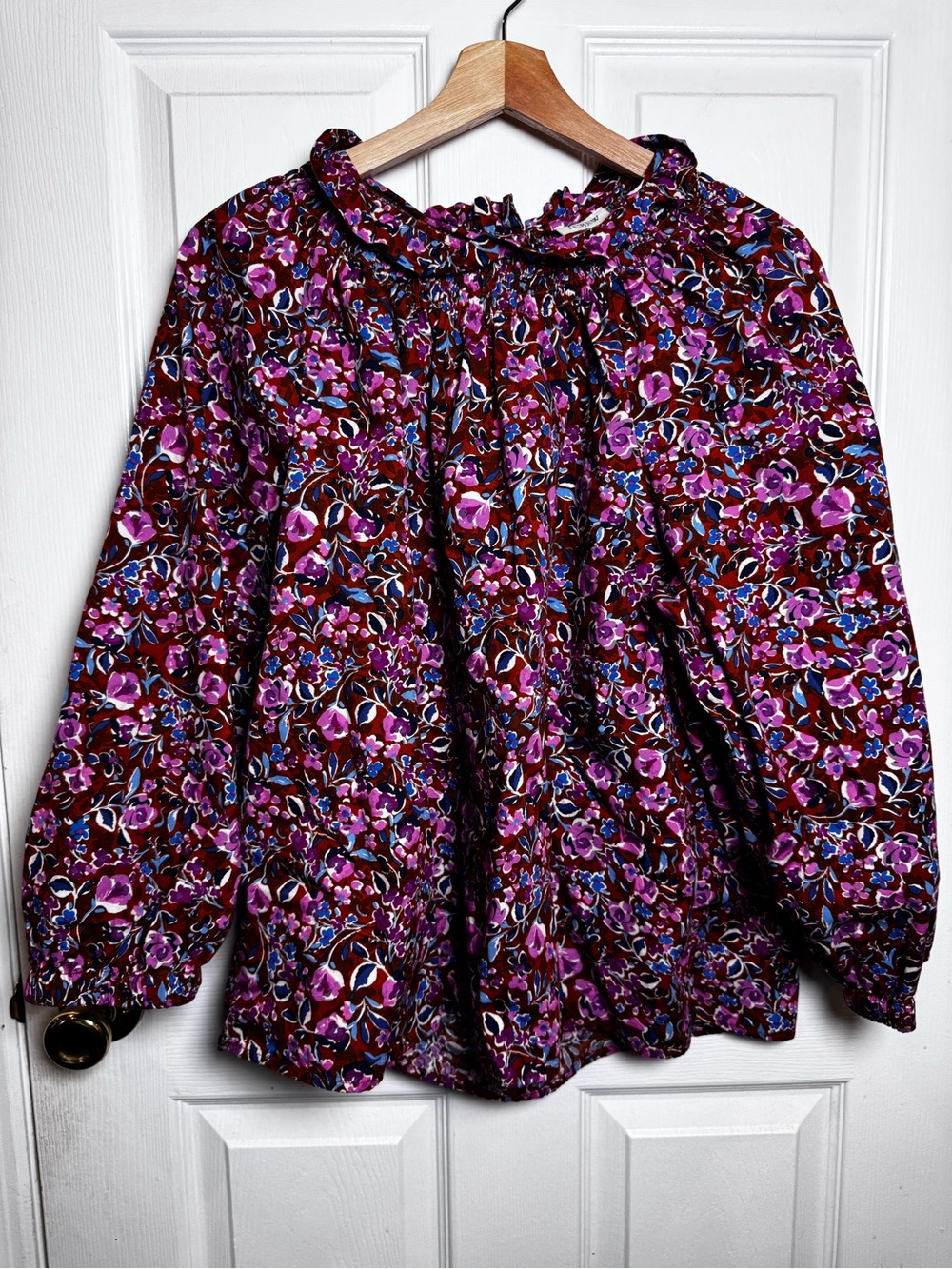 J.Crew Printed Smocked-Neck Floral Top Brown Pink Cotton XL Cottagecore Office